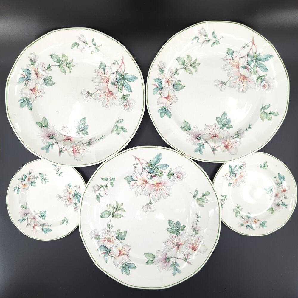 Adams China Azalea Bread Butter Dinner Plates White Green Floral Set 9 VTG FLAWS